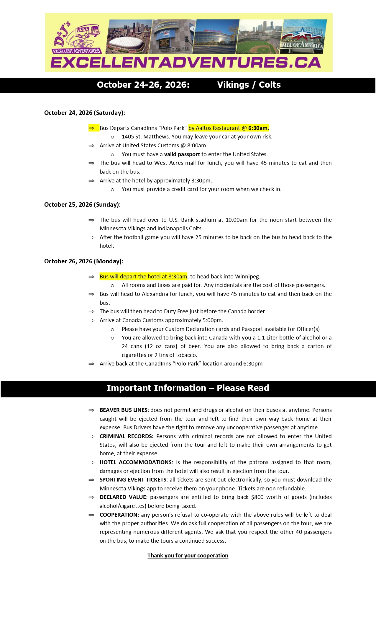 Colts Vikes Itinerary